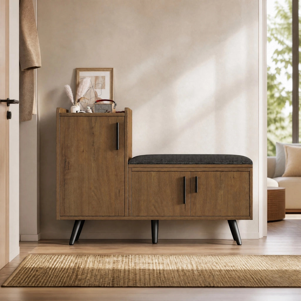 Scarpiera con seduta imbottita e ripiani regolabili, in truciolare e metallo, per ingresso, naturale, 100 × 34 × 68,5 cm