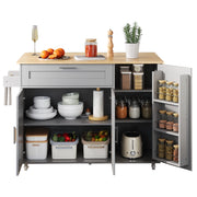 Isola da Cucina Mobile 132,5x44/70x90 cm Grigia con Piano Effetto Rovere, Cassetto e 5 Ruote