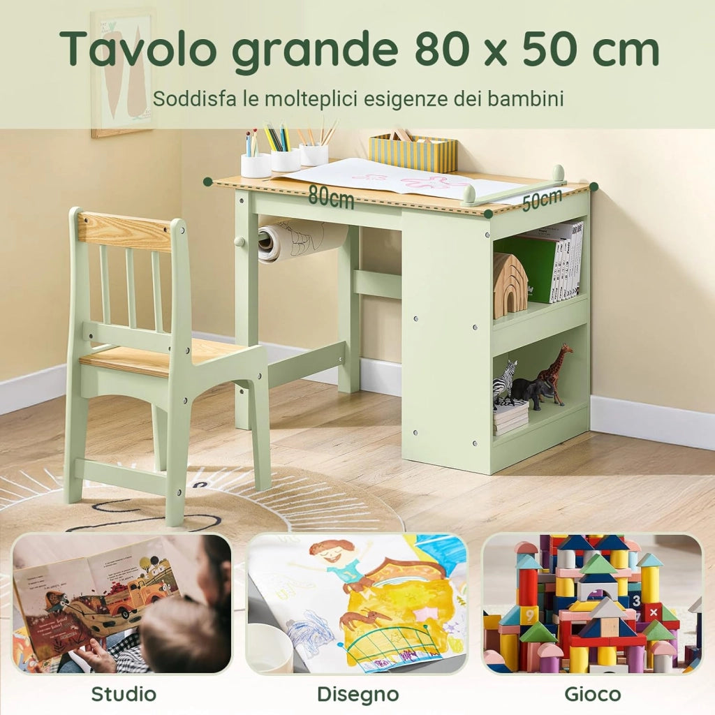Tavolino Bambini con 1 Sedia, Set Tavolo e Sedie per Bambini Multiattività con 2 Ripiani, Tavolo Disegno e Gioco, Sedia Scrivania Cameretta Verde 80x50x66cm KMB60-GR