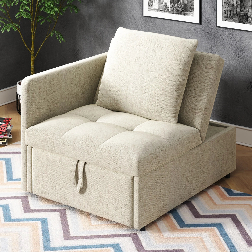Divano Letto 3 In 1 con Schienale Regolabile 5 Posizioni e Cuscino Salvaspazio Imbottito Beige