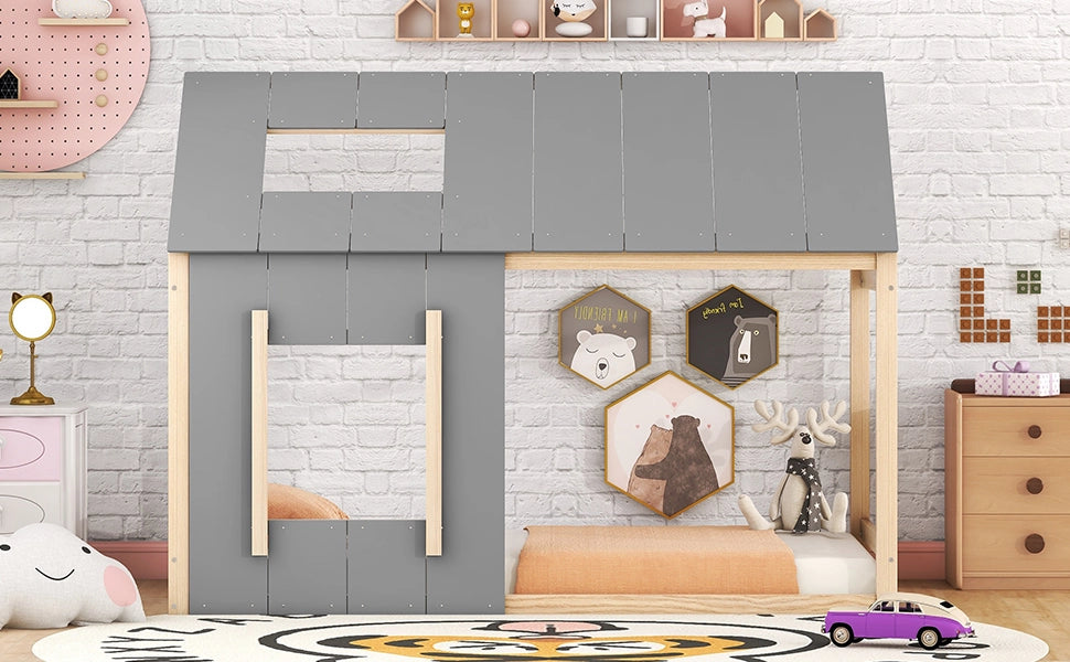 DESMIU Letto Bambino 90 × 200 cm 1 Posto con Struttura a Casetta, Tetto e Finestra, Senza Materasso