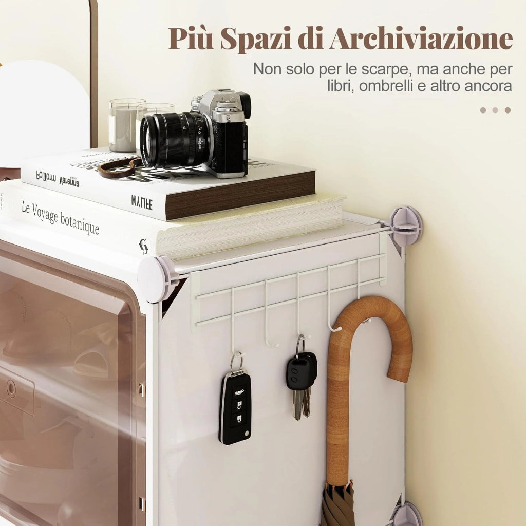Scarpiera Salvaspazio a 8 Scomparti, Porta Scarpe da 32 Paia con Mensole Rimovibili, Ganci Laterali e Porte Magnetiche, Scatole per Scarpe Impilabile in Plastica (95×32×126 cm)