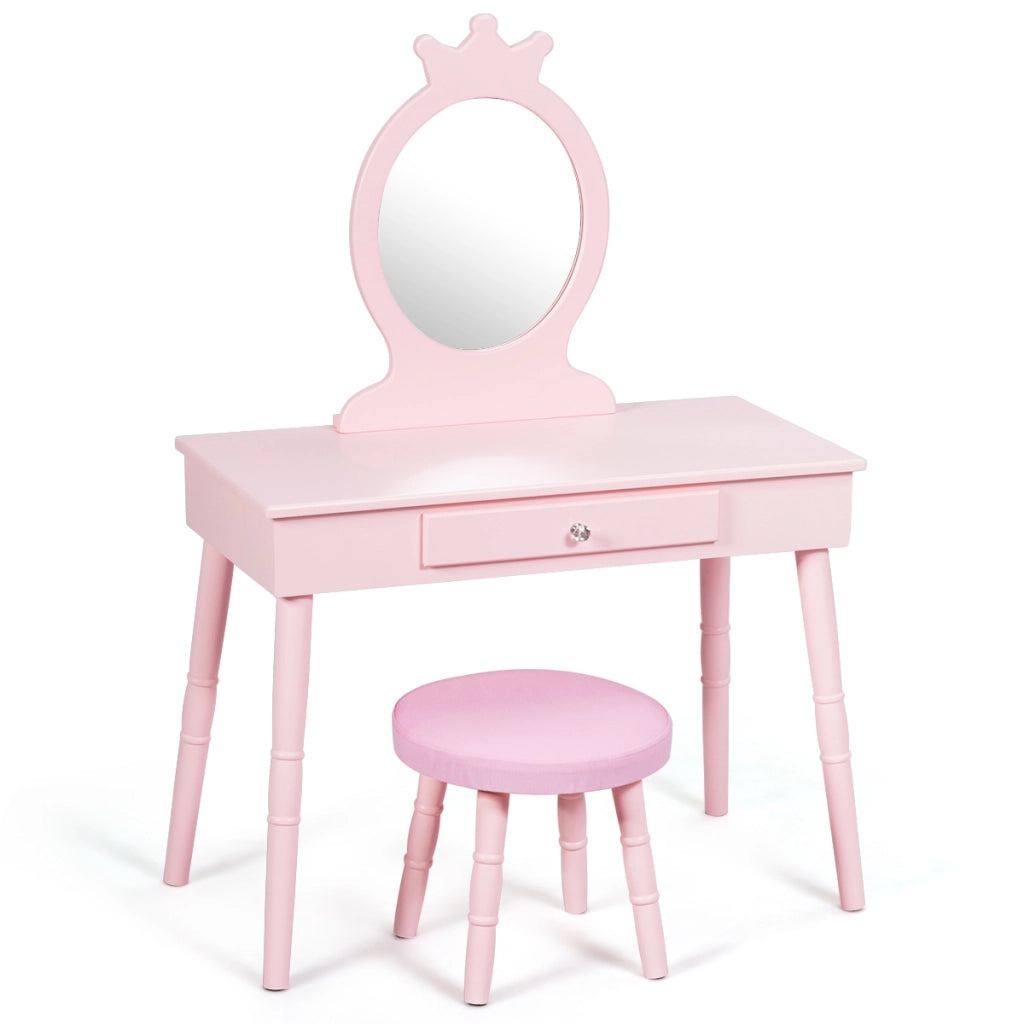 Toeletta con specchio per bambini, Set tavolo e sedia toeletta con cassetti e sgabello imbottito Rosa-Toelette per bimbi