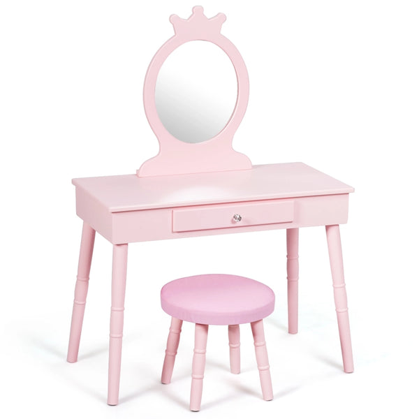 Toeletta con specchio per bambini, Set tavolo e sedia toeletta con cassetti e sgabello imbottito Rosa-Toelette per bimbi