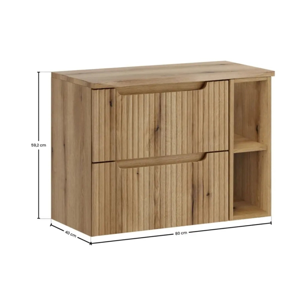 Insieme VANO rovere chiaro 80cm: mobile sottolavabo con cassetti e nicchie a vista + piano per lavabo + colonna