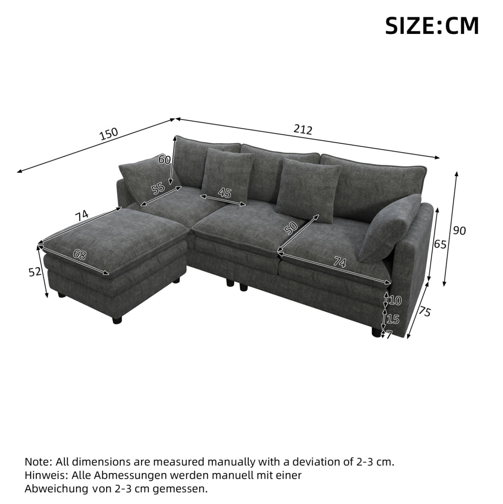 Divano angolare a L in Chenille grigio con chaise longue mobile