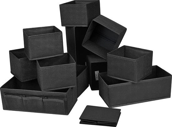 Pacco di 12 Scatole di Stoccaggio, Organizzatore di Cassetto per Calze, Intimo, Scatole di Stoccaggio in Tessuto Pieghevole per Armadio, Tavoli, Organizzatore di Cassetto (Nero)