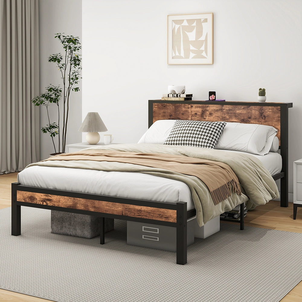 Letto metallo-Xylo-90x200 cm-testiera, contenitore, base piattaforma, marrone