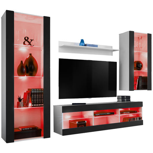 Set Di Mobili Porta TV Tivoli Medio, Komodee, Bianco/Nero, LED RGB, Larghezza 245 cm x Altezza 159 cm x Profondità 35 cm, Per soggiorno, Camera da letto