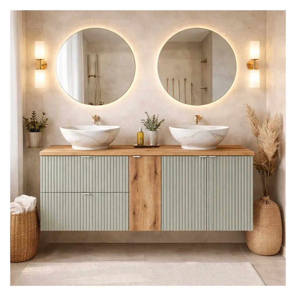 Set ELVINA 140cm: mobili sotto lavabo con cassetti e armadietti + piano per lavabo + due lavabi da appoggio marmorizzati