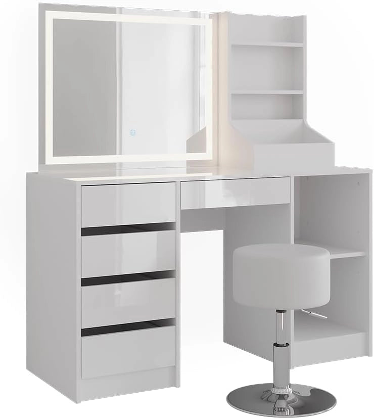 Tavolo da toeletta Sherry, Bianco/bianco lucido, 128.2 cm 4 parti