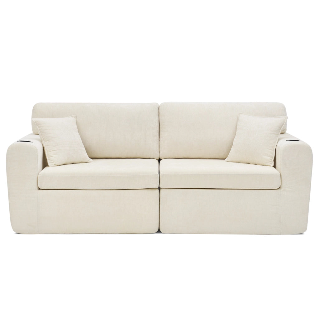 Divano 2 posti relax in chenille con USB; tasche laterali e portabicchieri; beige