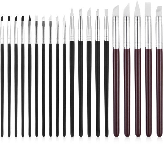 Set di Pennelli in Silicone - 20 pezzi - Kit di pennelli per modellismo - Forme diverse - Pennello 3/5/8 mm - Manico in legno - Flessibile - Pennelli per modellismo