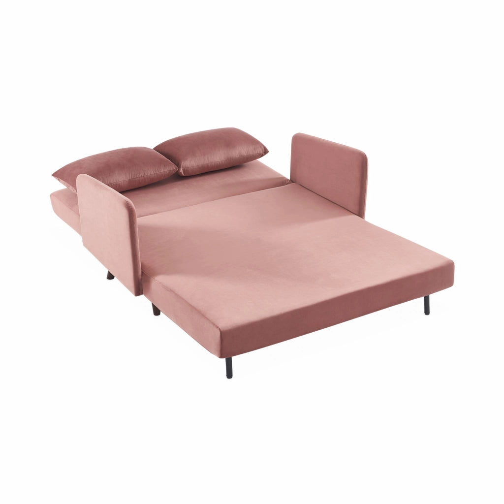 Divano letto in velluto con gambe in legno, 2 posti, rosa antico