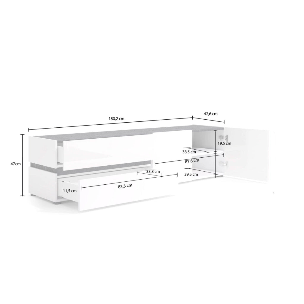 Basico, Mobile Porta tv 2 Cassetti Made in Italy, 180x47x42.6h cm Bianco Lucido