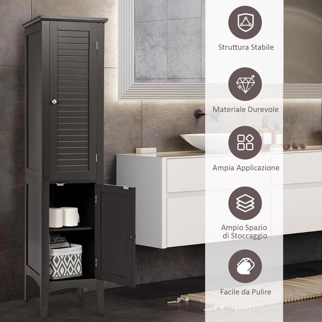 Mobile da Bagno Alto con 2 Ante 37 x 37 x 160cm, Armadio da Terra con 5 Vani, Mobile Colonna per Bagno Cucina Soggiorno (Marrone)
