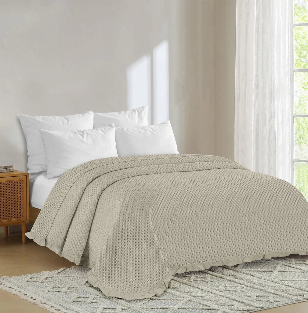 Copriletto Trapuntato Volant Matrimoniale Trapuntino Tinta Unita Due Piazze Con Balze Coperta Leggera Primavera Estate Trapunta Leggera Beige