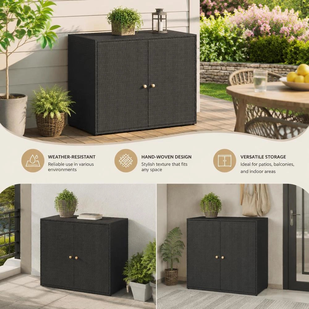 Outdoor Garden Storage Cabinet 100x55.5x80cm, Wicker Rattan Style With Solid Acacia Wood Handles, Durable Steel Frame, Patio Tool Organizer Box For Yard
