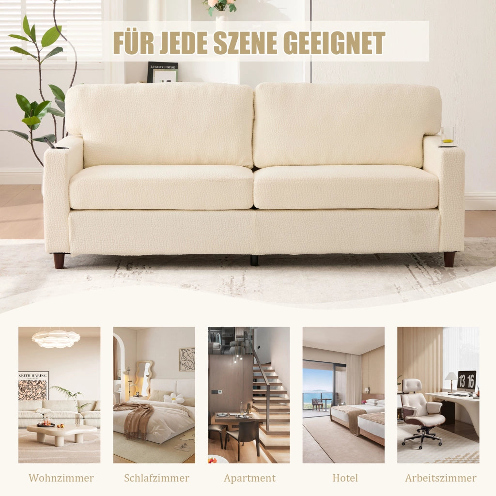 DIVANO 2 posti 203 cm Chenille beige con USB-C, LED, tasche e portabicchieri
