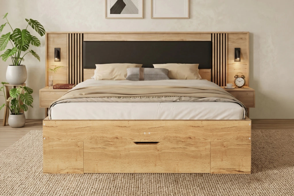 Letto 180 x 200 cm con 2 cassetti e 5 contenitori, 2 comodini integrati, MDF naturale, camera