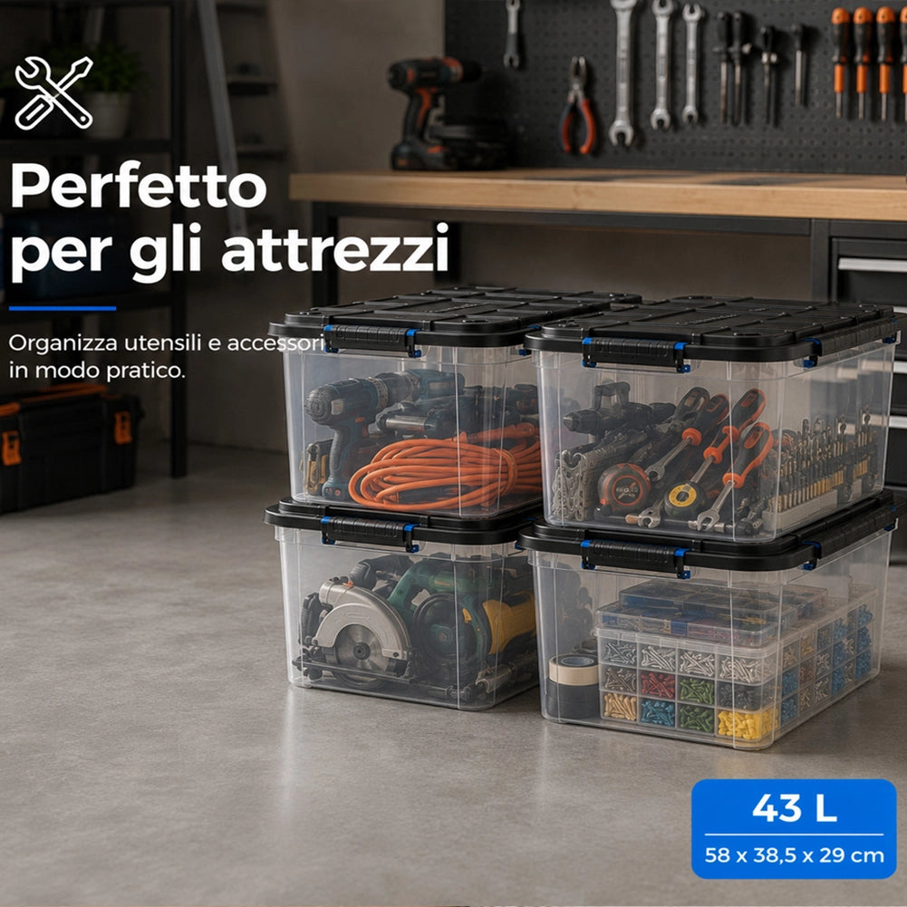 Set 4 Pezzi Contenitori con Coperchio 58x38,5x29 cm Storage Box Solid Cargo Capienza 43L in Plastica