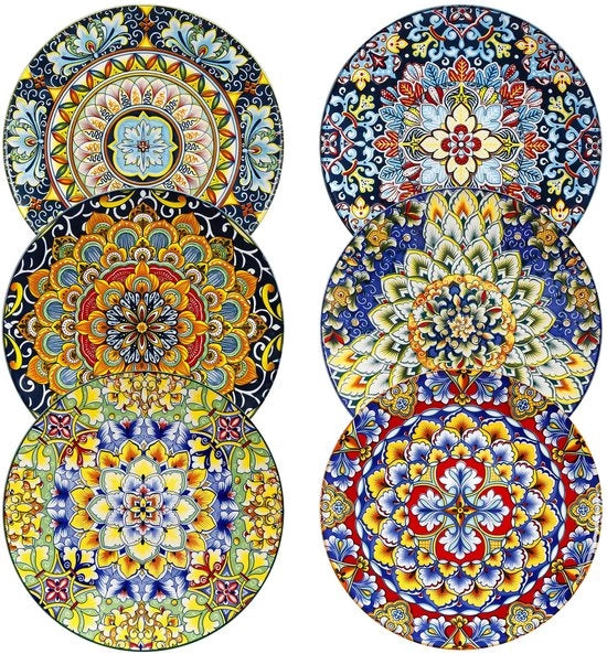 Set di piatti dessert in porcellana, 6 pezzi, 21,6 cm, resistente a microonde, forno e lavastoviglie, stile bohemien, colore vivace