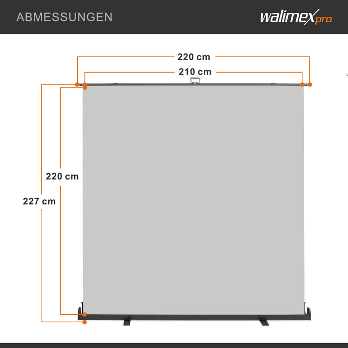 Fondale fotografico roll-up grigio 210x220, sfondo portatile con scatola di trasporto per fotoshooting, sistema autoportante, telo ingualcibile per studio fotografico