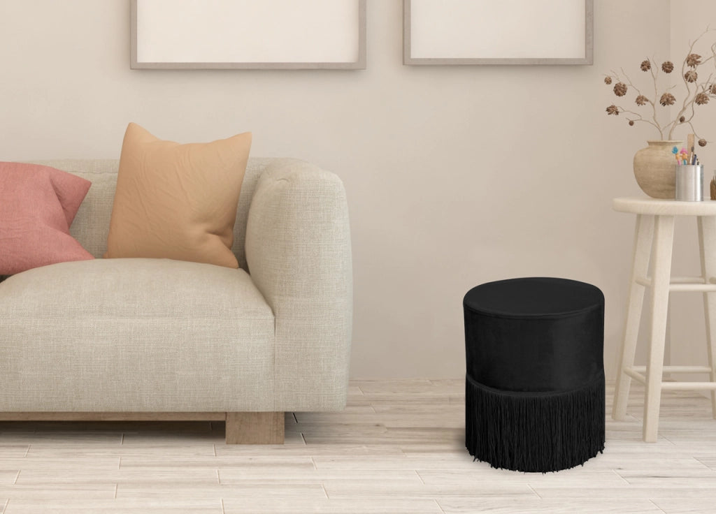 Pouf Salotto/Camera Con Frangette Imbottito Modello Velvet Malibù Tinta Unita - Pouf - Nero