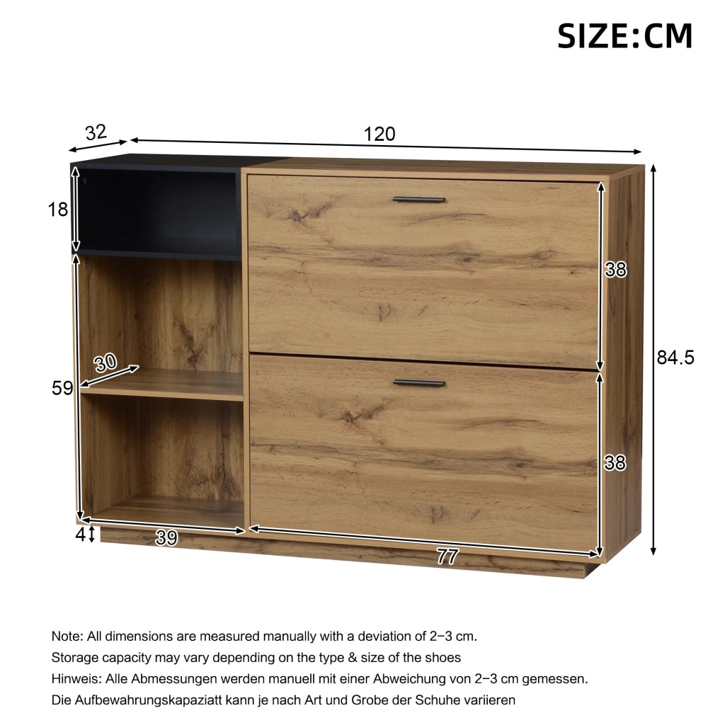 Mobile portascarpe 120x32x84;5 cm in MDF; con 3 vani aperti e 2 vani a ribalta; naturale