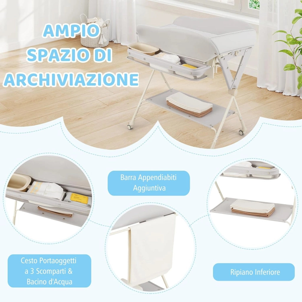 Fasciatoio Pieghevole Neonato, Fasciatoio Portatile con Altezza Regolabile a 3 Livelli, con Bacino, Cestino Portaoggetti e Cintura di Sicurezza, 4 Ruote Bloccabili, Portata 11 kg (Grigio)