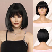 Bob pruik per donna, capelli corti e diritti con frangia, realizzato con fibre termoresistenti, 30 cm.