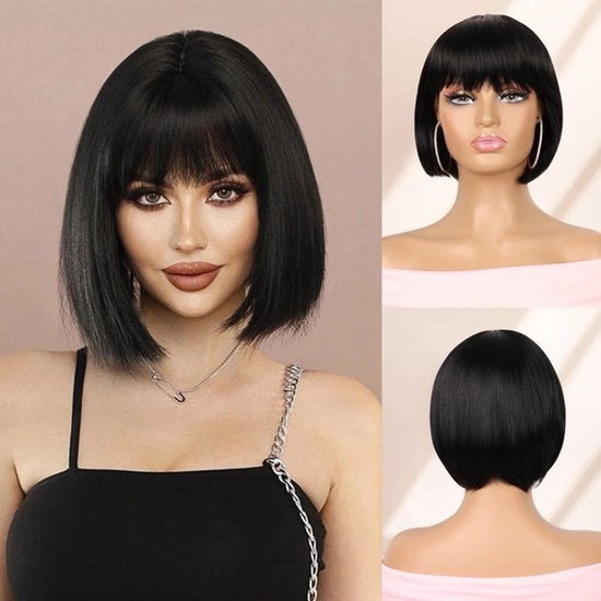 Bob pruik per donna, capelli corti e diritti con frangia, realizzato con fibre termoresistenti, 30 cm.
