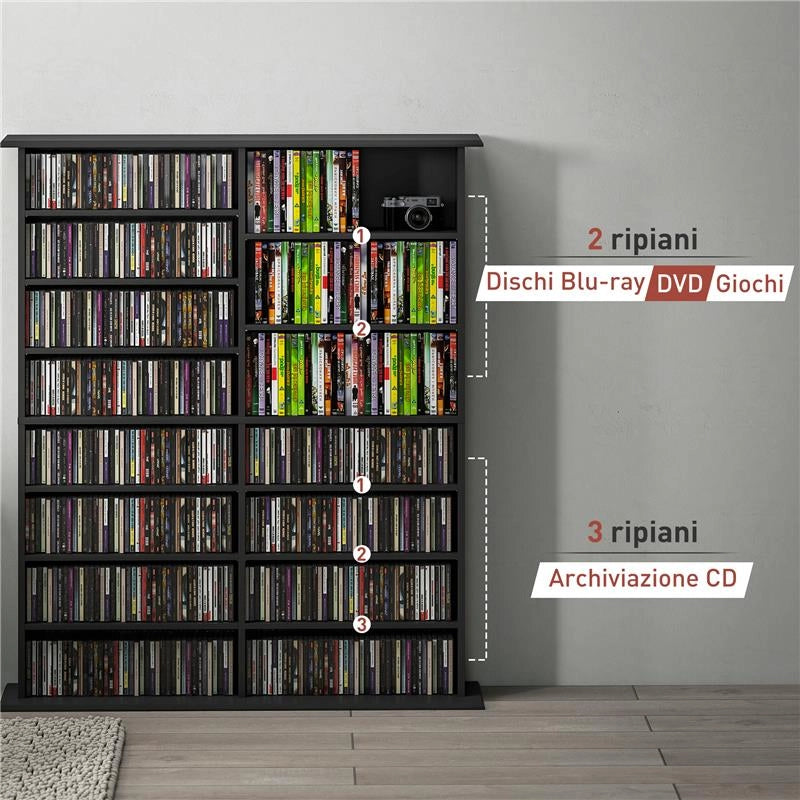MOBILE LIBRERIA PORTA CD A 16 RIPIANI DAL DESIGN MODERNO IN LEGNO, 106.5X24X123.7 CM, NERO