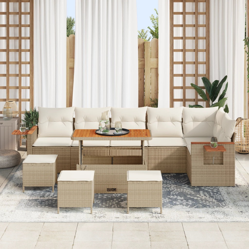Set Divano Giardino 10 Pezzi con Cuscini Beige Polyrattan Acacia