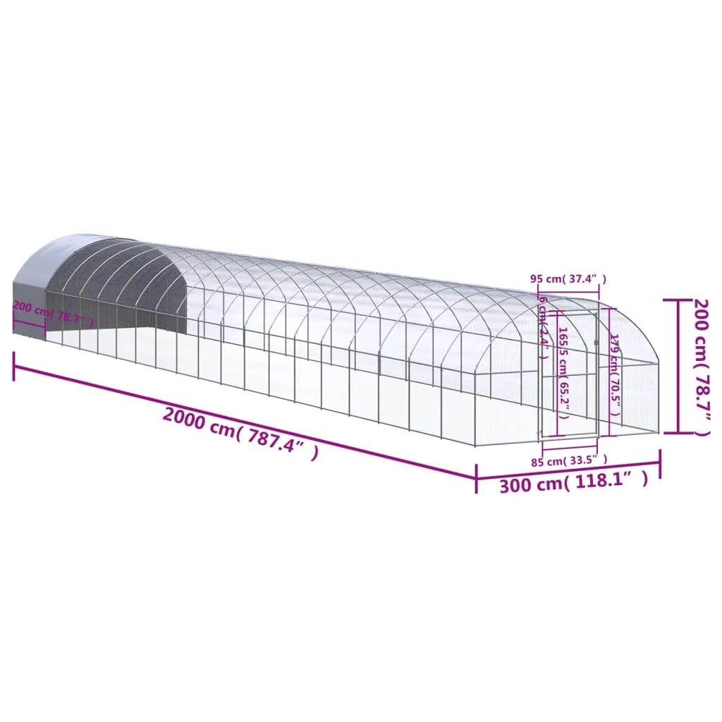 Pollaio recinto per polli da esterno 3 x 20 x 2 m acciaio zincato argento 02_0044007