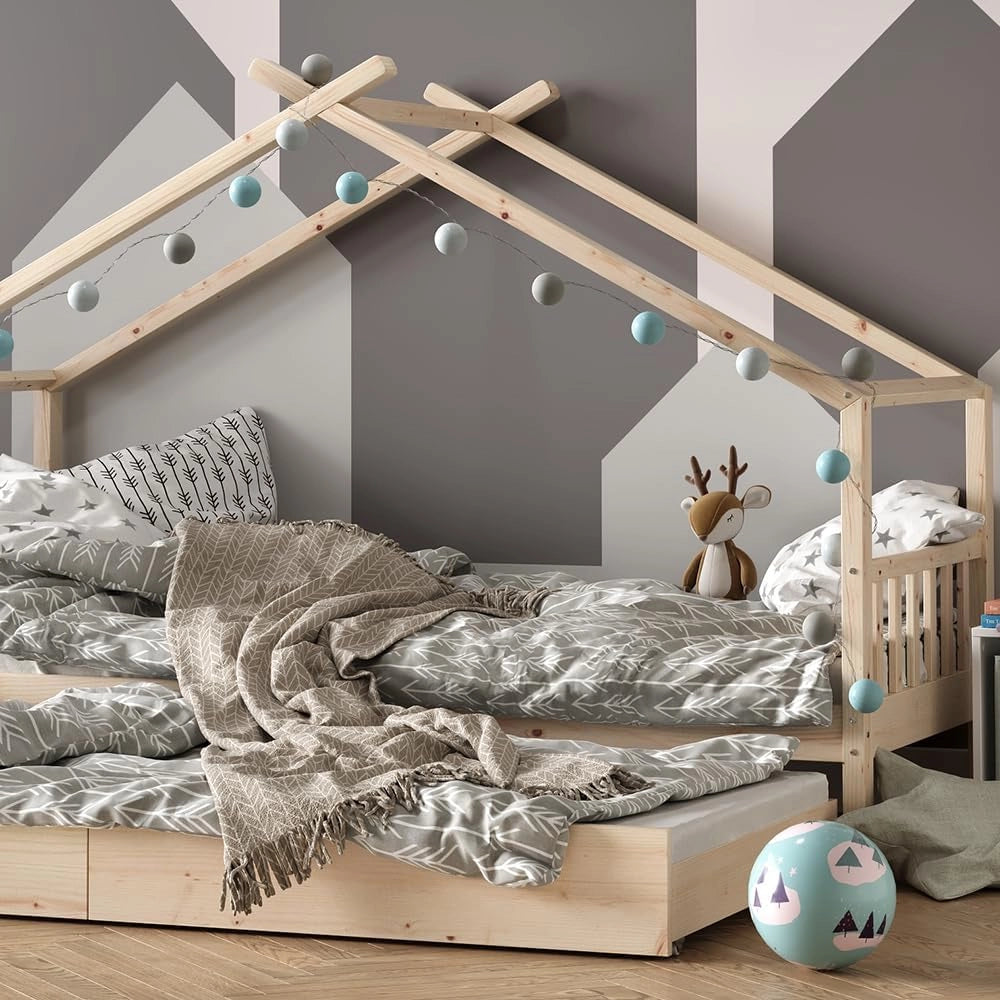 Letto montessori bambini Design, Legno naturale, 90x200 cm con letto per ospiti e 2 materassi, con sponda anticaduta e rete a doghe per un sonno sicuro
