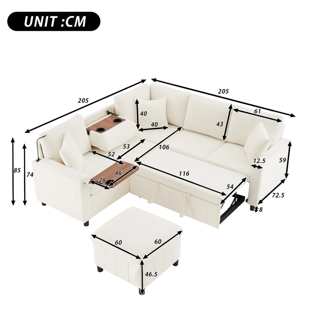Divano angolare letto in ciniglia con pouf contenitore; USB e Type-C; beige