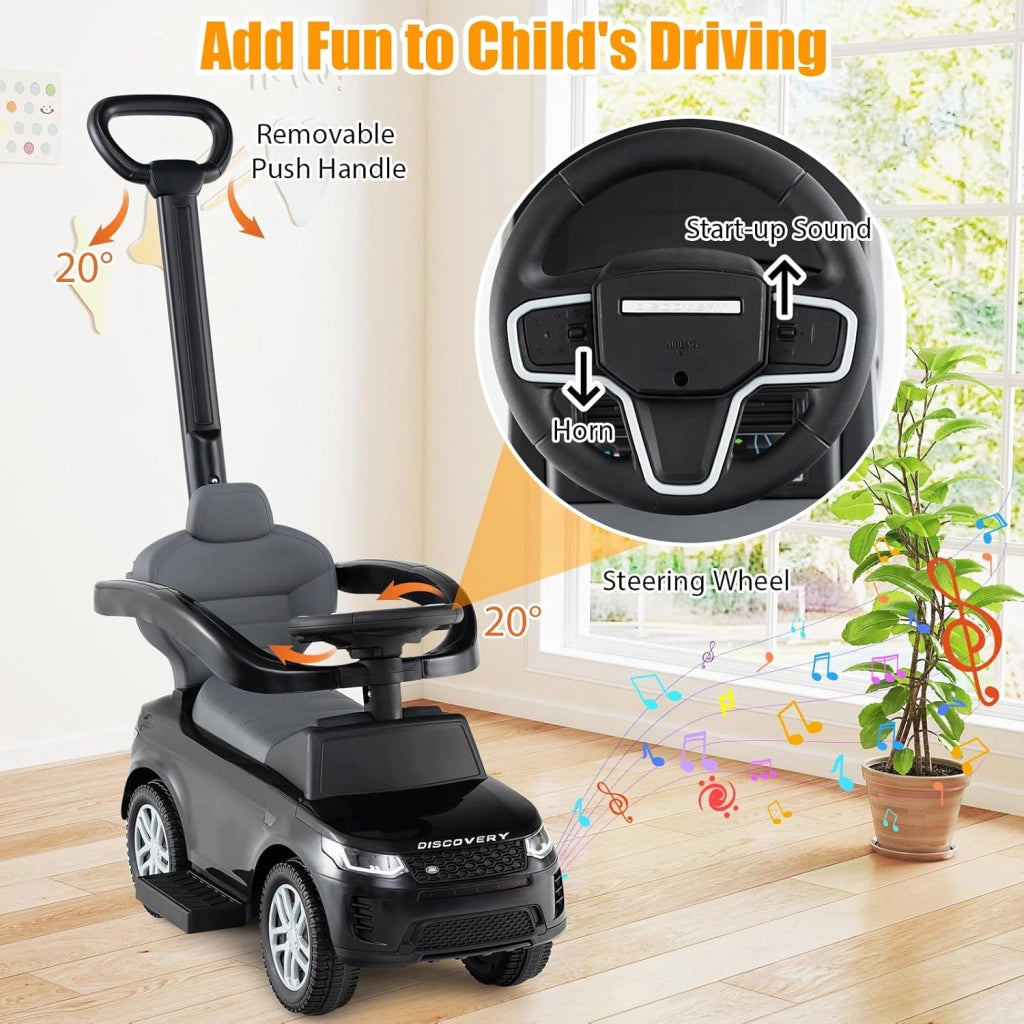 Macchina Cavalcabile per Bambini 1-3 Anni, Cavalcabile Bambino 3 in 1, Pignée Amovibile, Guida Realistica con Volante, Clacson, Musica, Carico 25 kg, Ruote Antiscivolo, Regali Bambini (Nero)