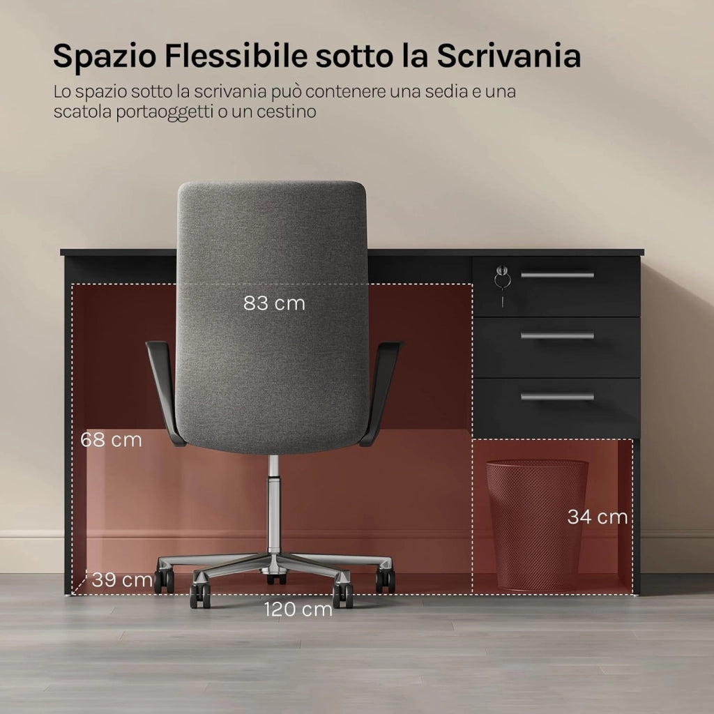 Scrivania con 3 Cassetti, 120x60 cm, Tavolo da Lavoro, Scrivania per Computer, Porta PC in Legno, Nero