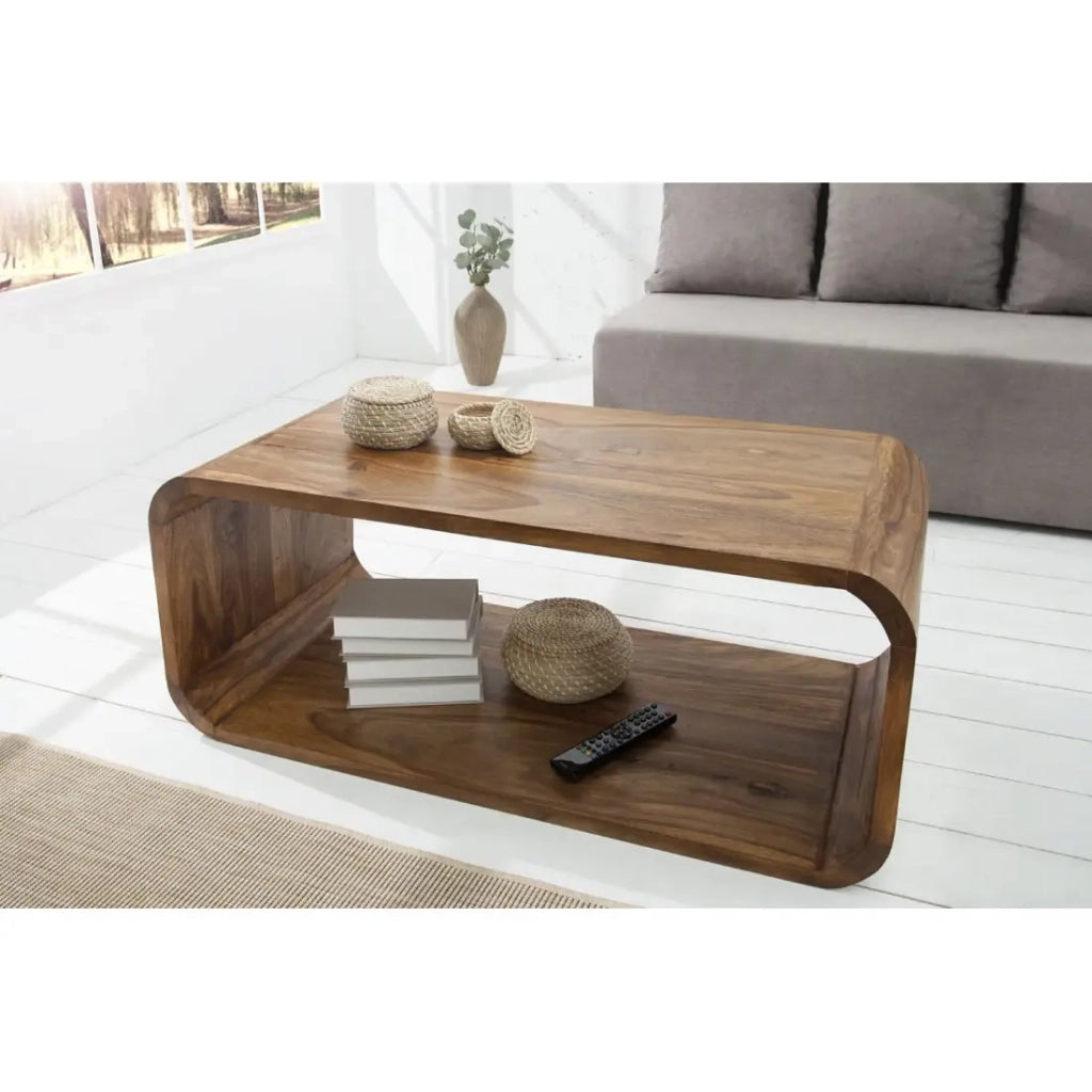 Tavolino basso CURVENA in legno massiccio di Sheesham – tavolo dal design con nicchia in stile chic naturale