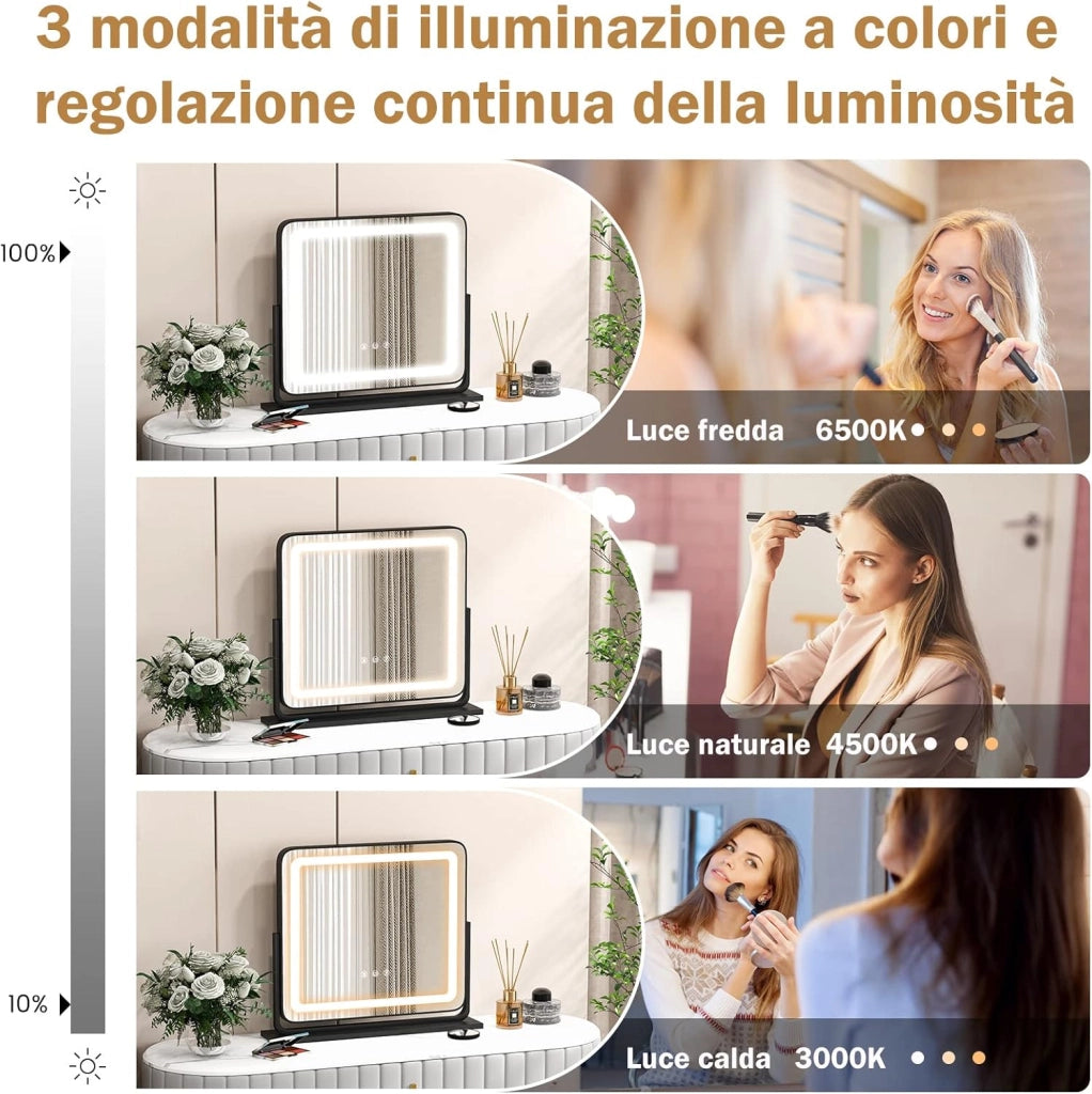 Specchio per Trucco, Specchio da Tavolo con luci LED a 3 Colori, Luminosità Regolabile e Controllo Intelligente a Sfioramento, Ruotabile a 360° con Ingrandimento 5X, 50x44 cm