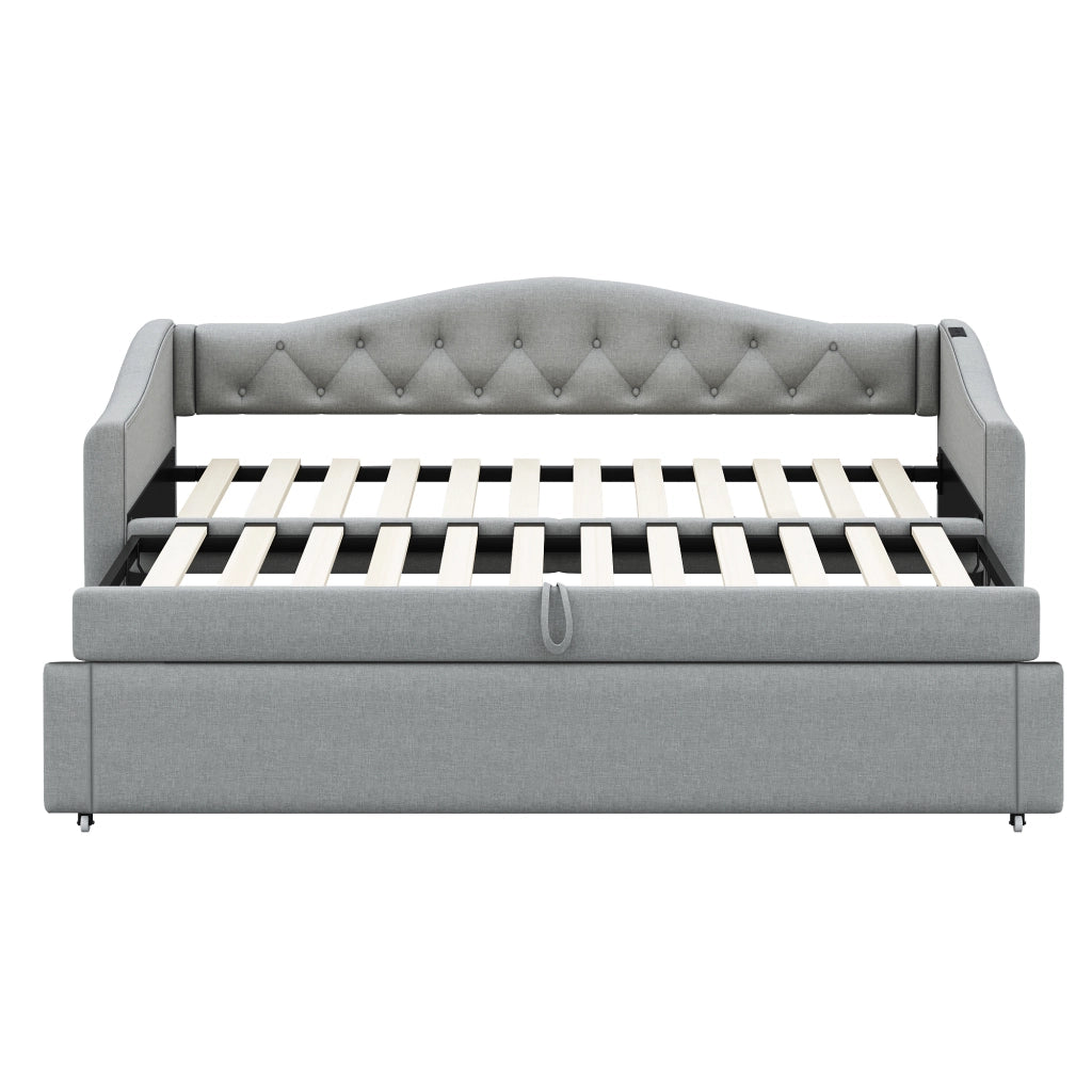 Divano letto estraibile - Zephmum- 90x200 cm, Grigio, Tessuto lino, USB, classico