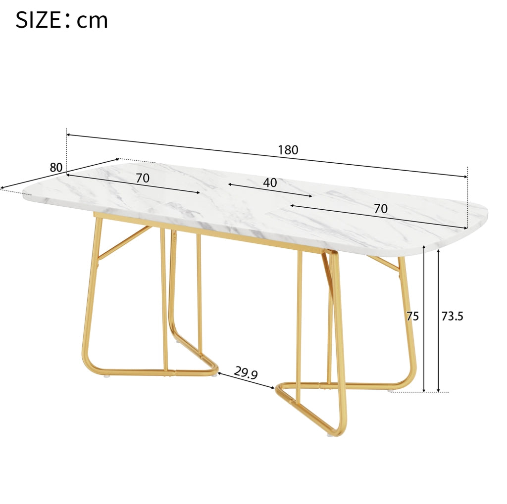 Tavolo da pranzo allungabile bianco effetto marmo; piano in MDF e gambe in metallo dorato