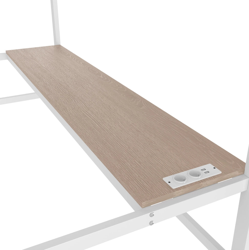 Letto a soppalco per bambini 90x200 cm con scrivania; LED; prese USB e Type-C; bianco