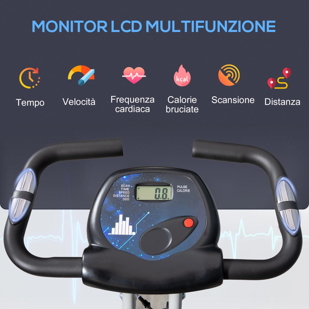 Cyclette Pieghevole da Fitness in Acciaio. Cyclette da Casa Silenziosa con Manubrio e Sella Regolabili/Resistenza Regolabile a 8 Livelli. Schermo LCD e Sensore di Frequenza Cardiaca. Grigio