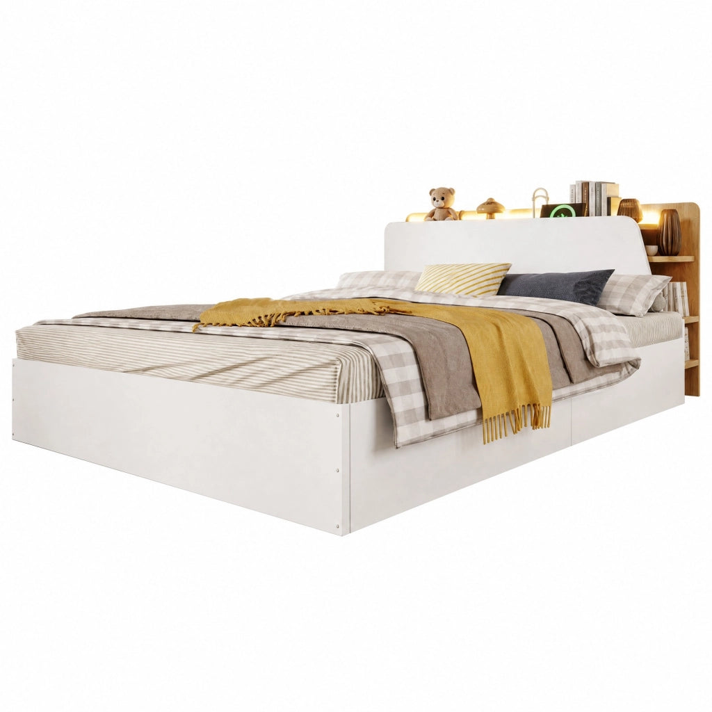Letto matrimoniale 140x200 cm con contenitore idraulico; LED; USB e USB-C; bianco e naturale