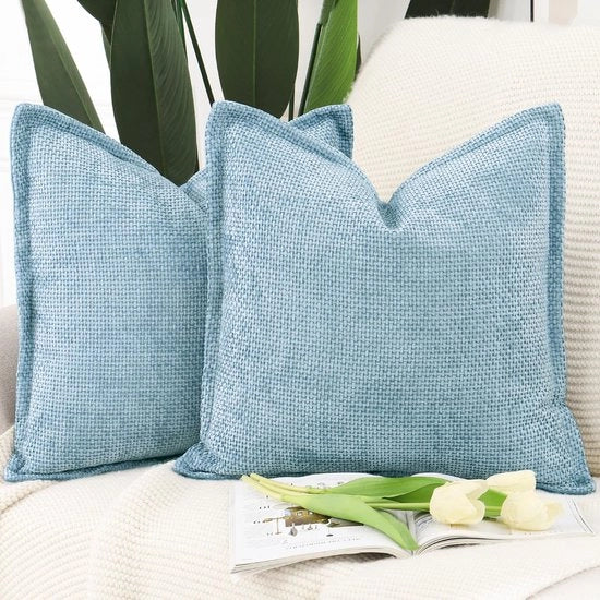 Set di 2 cuscini di chenille in flanella con bordo morbido decorativo cuscini moderni per divano salotto camera da letto azzurro chiaro 45 x 45 cm