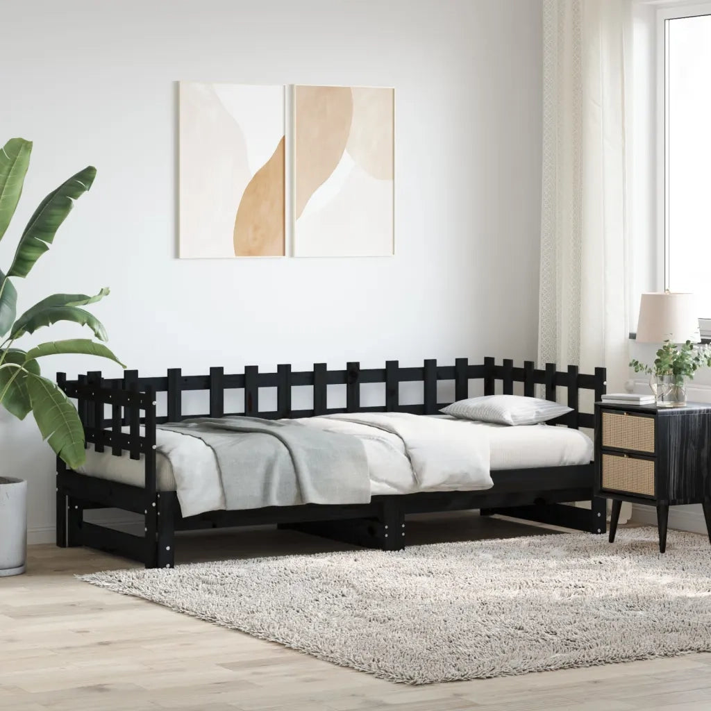 Letto singolo | Letto per adulti | Dormeuse Estraibile Nera 2x(90x190) cm Legno Massello di Pino