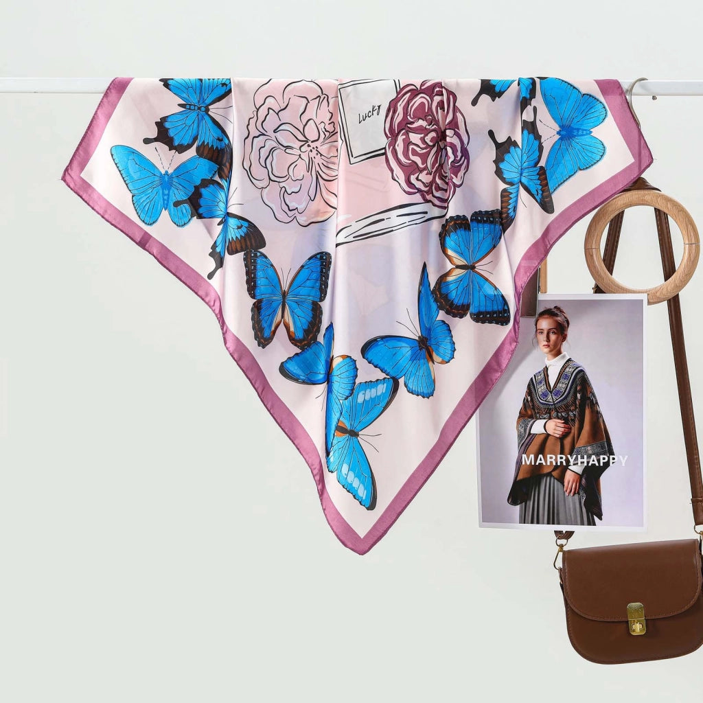 Sciarpa in seta con stampa a farfalle in stile francese, un accessorio sofisticato e versatile per le donne, perfetto come regalo.