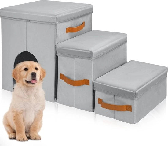 Trappola per cani pieghevole per piccoli cani con spazio di stoccaggio - 3 gradini - multifunzionale - 77 x 34 x 42 cm - grigio chiaro - sostenibile fino a 30 kg